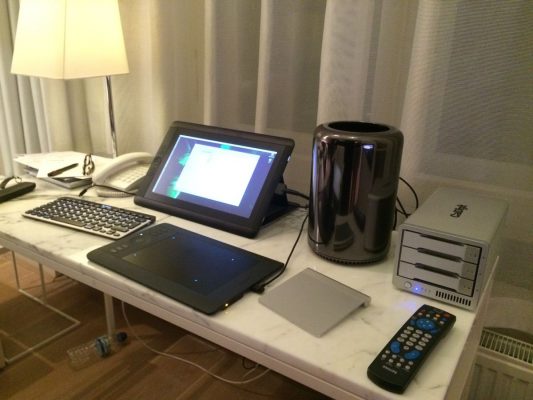 Hugo's typical set up while at a hotel.